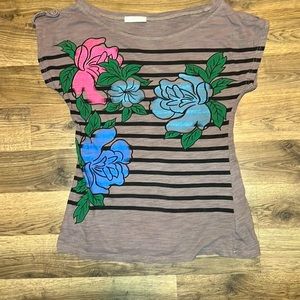 Grey Stripped Shirt with Flowers